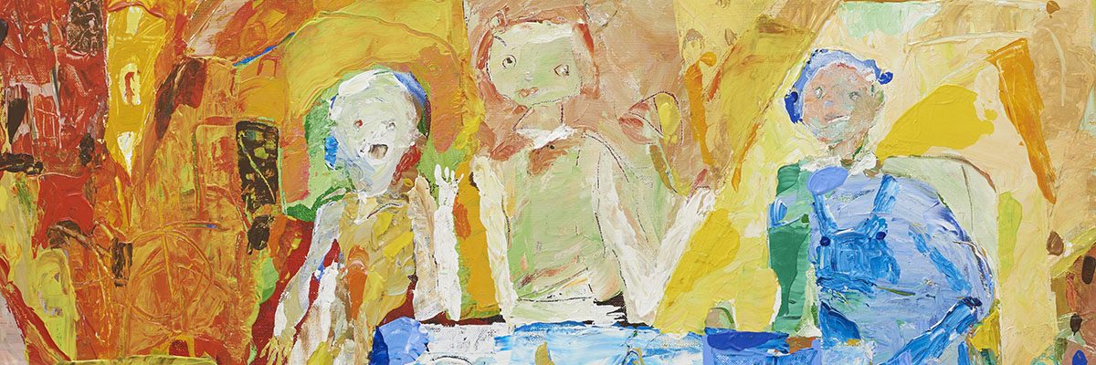 3 Figure at the Table, acrylic on canvas, 65x70.5cm w