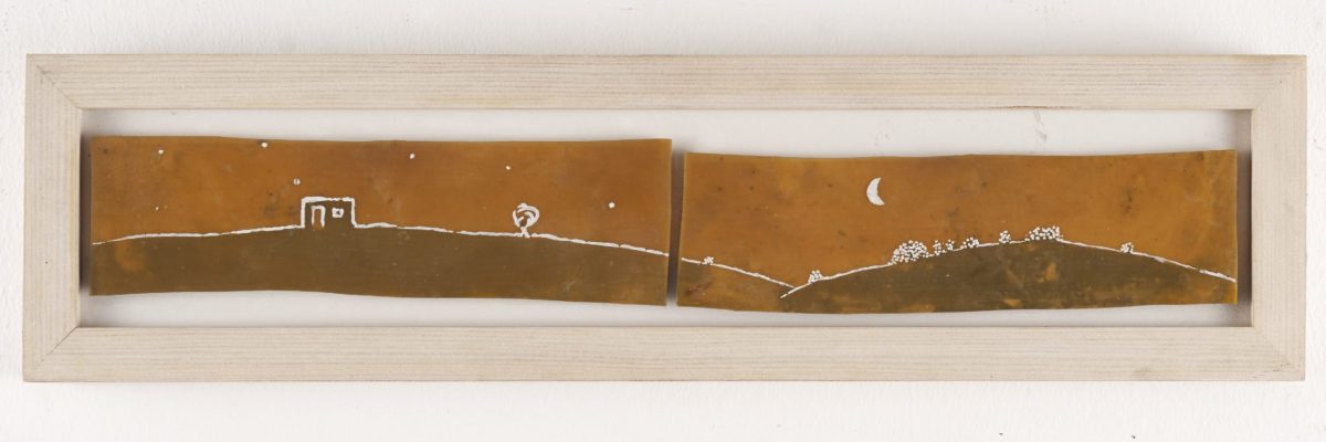 בית עם חלון (דיפטיך), שמן, פיגמנט וסיד על בד, 15x40x6 ס"מ