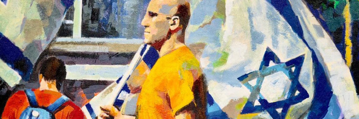 David Gerstein, Flag Bearer, 2023, acrylic & sand on canvas, 140x100cm w