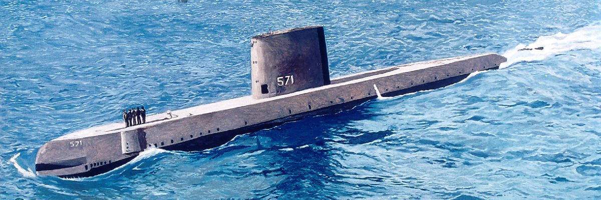 Giyora Bergel - Nautilius (The First American Nuclear Submarine), 2001, oil on canvas, 40x80cm w