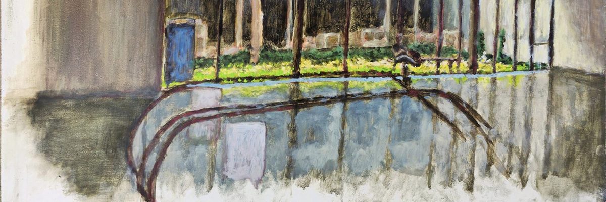 Israel Museum (Escalator), 2023, oil on board, 35x66.5cm w