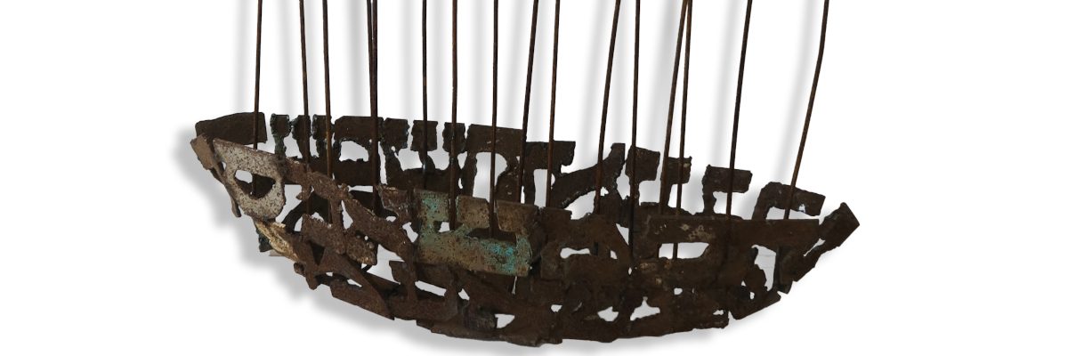 Map on Letter Ship with Wrapped Houses, 2024, iron cardboard and fabric, 120x80x30cm w 2