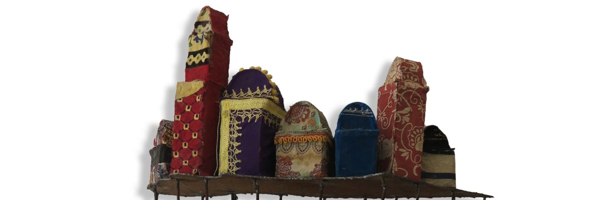 Map on Letter Ship with Wrapped Houses, 2024, iron cardboard and fabric, 120x80x30cm w