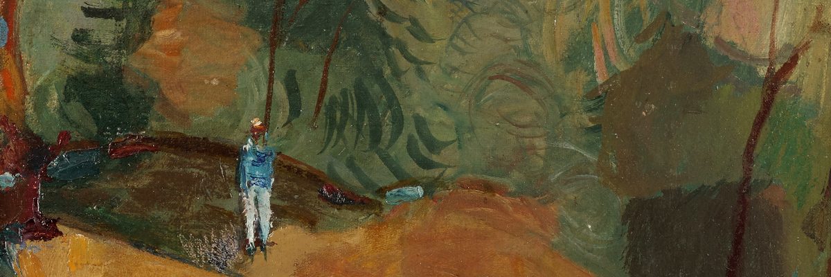 Nahum Gutman - Man in the Grove, 50's, oil on canvas laid on board, 32.5x40cm w