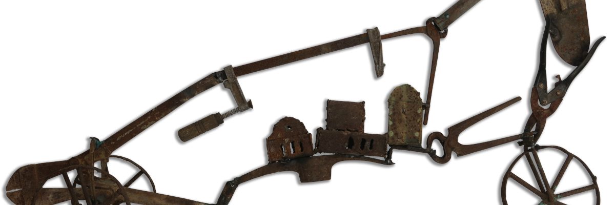 Jack Jano - Tool Map on Wheels, 2024, iron gouache and found objects, 62x113x32cm w