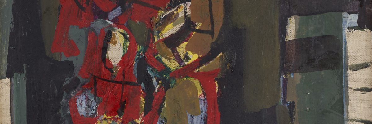 צבי מאירוביץ, פרחים אדומים וכלי זכוכית ישן, שנות ה-40, שמן על בד, 46X38 ס"מ (חיתוך ברב)